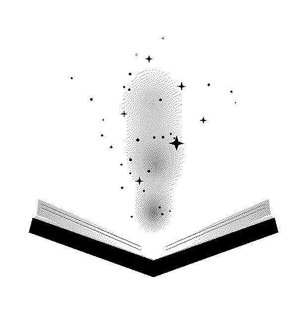 An open book drawn in 1-bit dithered pixels, motes of light rising from its pages